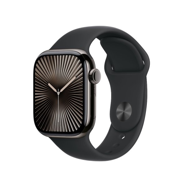 Apple Watch Series 10, GPS + Cellular, 42mm Titangehäuse Schiefer,  Sportarmband Schwarz