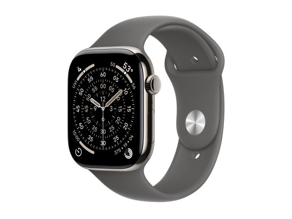 Apple Watch Series 11, GPS + Cellular, 46mm Titangehäuse Natur, Sportarmband Steingrau, S/M (130-180