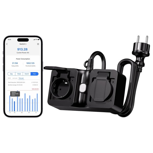 Meross Smart Wi-Fi Outdoor Doppelsteckdose mit Energieüberwachung, wasserdicht (IP44), 16A, 3840W, 1