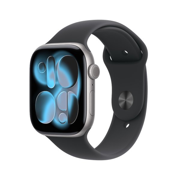 Apple Watch Series 11, [Platzhalter1] Aluminiumgehäuse Space Grau, Sportarmband Schwarz, [Platzhalte