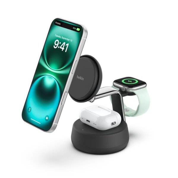 Belkin Wireless Charger mit QI2 (3-in-1), 25W, magnetisch, aktive Kühltechnik, Dunkelgrau