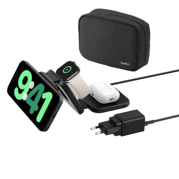 Belkin Wireless Charger mit QI2 (3-in-1), 15W, magnetische Reiseladestation, einklappbar, Schwarz