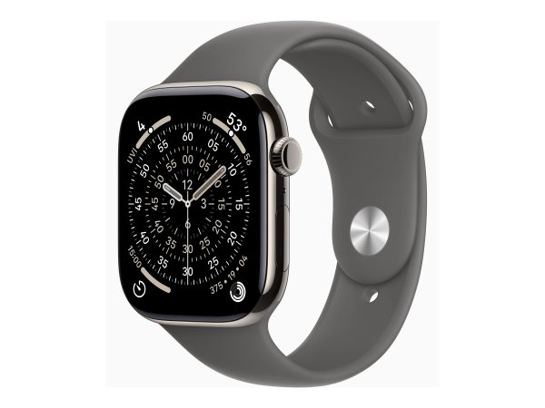 Apple Watch Series 11, GPS + Cellular, 46mm Titangehäuse Natur, Sportarmband Steingrau, M/L (150-200