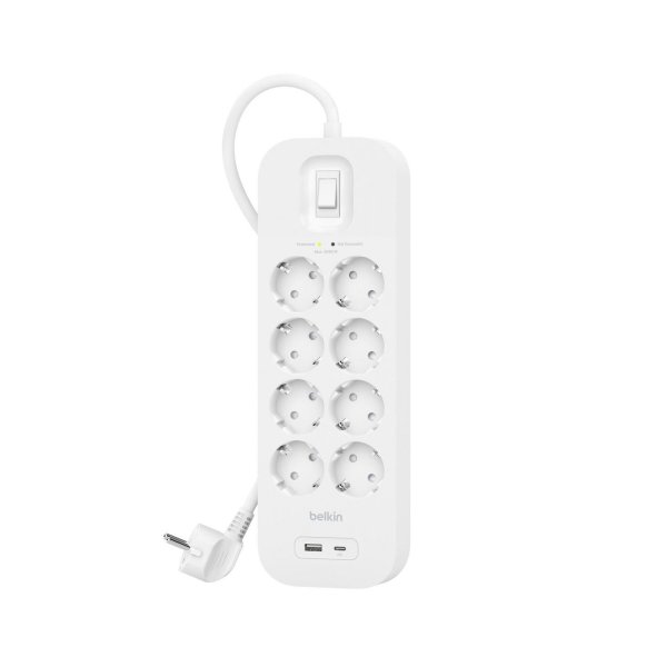 Belkin Steckdosenleiste mit Überspannungsschutz, 8-Fach mit 1 x  USB-A + 1 x  USB-C Ladeport, 900J, 