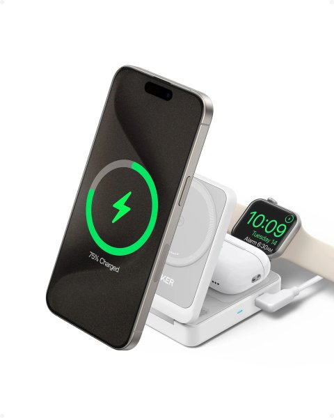 Anker MagGo Wireless Charger mit QI2 (3-in-1), 15W, Magnetisch, Faltbar, Weiß