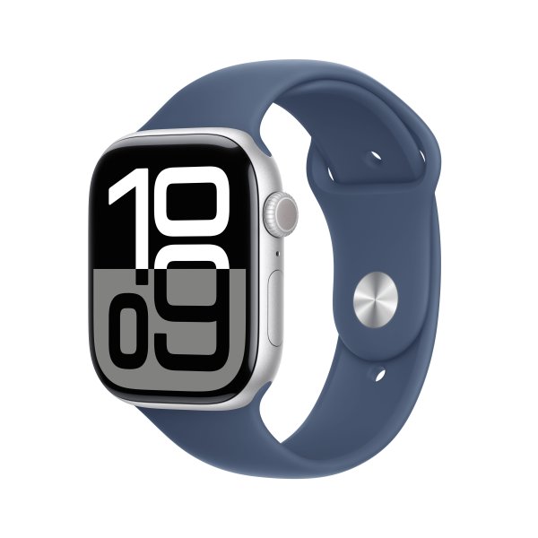 Apple Watch Series 10, GPS, 46mm Aluminuimgehäuse Silber, Sportarmband Denim, M/L (150-200 mm Umfang