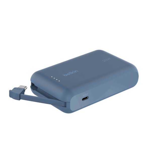 Belkin Powerbank mit integriertem USB-C Kabel, 10000mAh, 2x USB-C, Blau