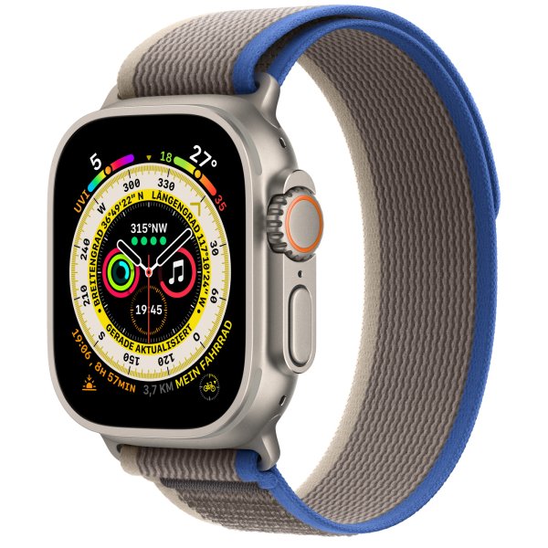 Apple Watch Ultra GPS + Cellular, 49mm Titangehäuse, Trail Loop Blau/Grau, S/M (130-180 mm Umfang)