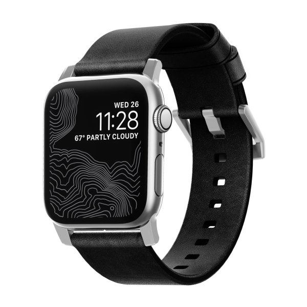 Nomad Modern Lederarmband mit silbernem Verschluss für Apple Watch 42/44/45/49mm, Schwarz