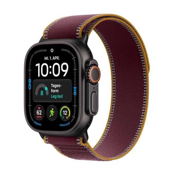Apple Watch Ultra 4, GPS + Cellular, 49mm Titangehäuse Schwarz, Trail Loop Burgunder, S/M (130-180 m