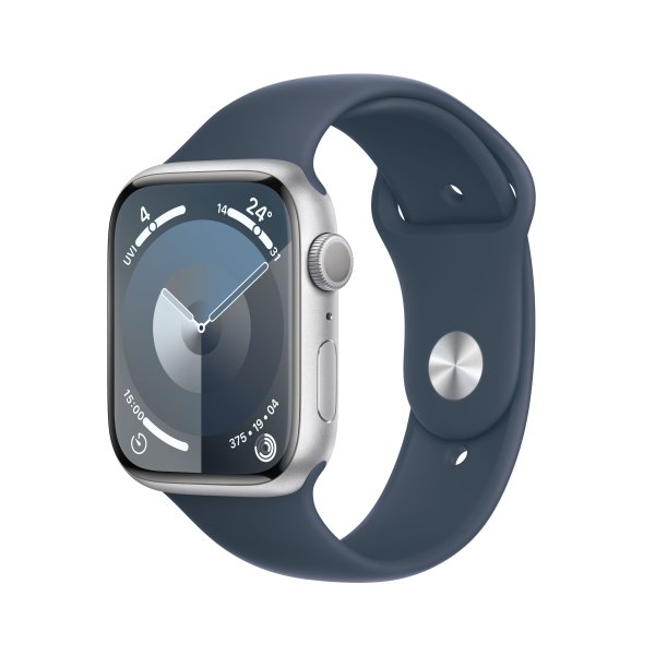 Apple Watch Series 9 GPS, 45 mm, S/M (130-180 mm Umfang) Aluminuimgehäuse Silber, Sportarmband Sturm