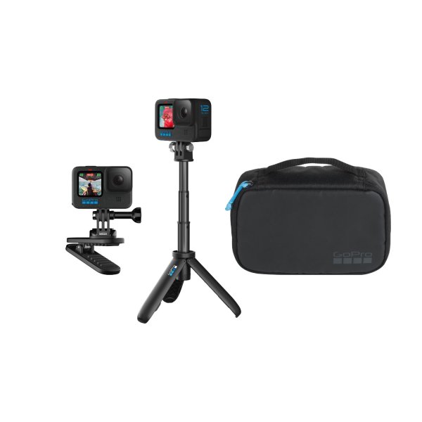 GoPro Travel Kit, Set mit Mini-Verlängerungsstange + Stativ + Drehclip, Schwarz