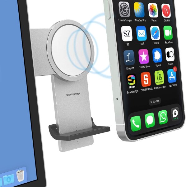 smart things PhoneBase Monitor Halterung & MagSafe Wireless Charger, 15W, Silber