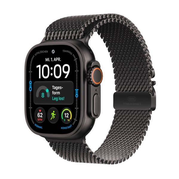 Apple Watch Ultra 4, GPS + Cellular, 49mm Titangehäuse Schwarz, Milanaise Armband Schwarz, Small (13