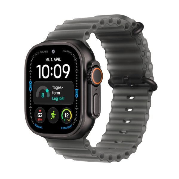 Apple Watch Ultra 4, GPS + Cellular, 49mm Titangehäuse Schwarz, Ocean Armband Halbtransparentes Schw