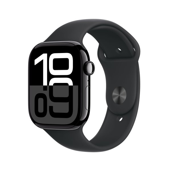 Apple Watch Series 10, GPS, 46mm Aluminuimgehäuse Diamantschwarz, Sportarmband Schwarz, S/M (130-180