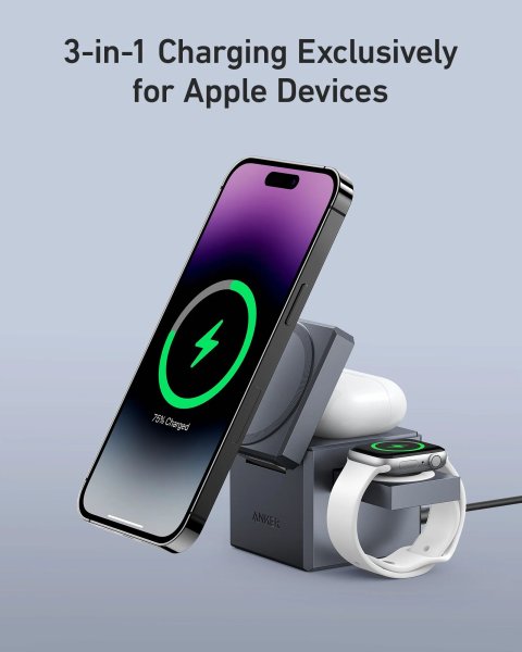 Anker 3-in-1 Ladewürfel, Kabelloses Ladegerät für Apple iPhone + Apple Watch + Apple AirPods, Grau