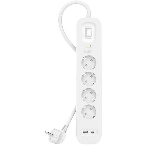 Belkin Steckdosenleiste mit Überspannungsschutz, 4-Fach mit 1 x USB-A + 1 x USB-C Ladeport, 525J, 18