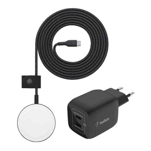 Bundle: Belkin 45W GaN Power Adapter, 2x USB-C + Wireless MagSafe Ladepad, 2m, geflochten, Schwarz