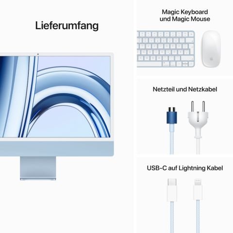 Apple iMac 24“, Blau, M3 Chip mit 8-Core CPU, 8-Core GPU und 16-Core Neural Engine, 16GB, 512GB SSD,