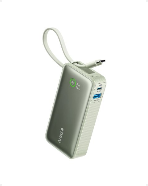 Anker 545 Nano Powerbank, 10000mAh, integriertes USB-C Kabel  + 1x USB-A/1x USB-C, Grün