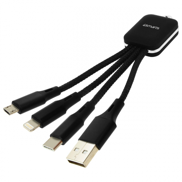 4smarts 3in1 GlowCord Kabel, USB auf Micro-USB, USB Typ-C & Lightning, 6cm, Textil, Schwarz