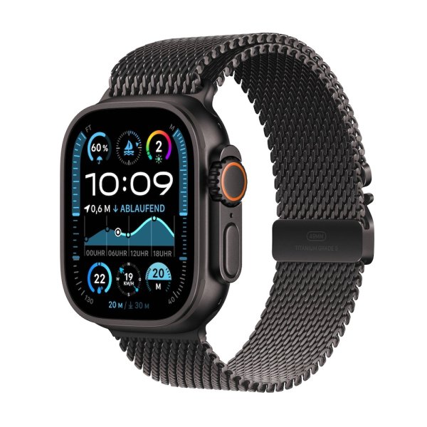 Apple Watch Ultra 2, GPS + Cellular, 49mm, Titangehäuse Schwarz, Milanaise Armband Schwarz, Medium (